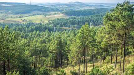 Scenic View of Lush Green Forest and Rolling Hills in the Countryside During Late Afternoon Under Clear Skies