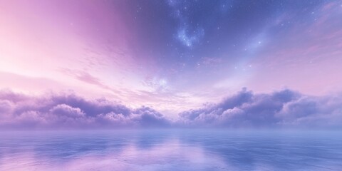 Obraz premium Expansive Horizon With Vibrant Colors Over Calm Water at Dusk, Reflecting a Dreamy Sky of Pink and Purple Hues