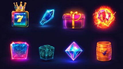 Cartoon vector ui game slot icon set with crown. Gift box, treasure chest, refresh button and lightning energy sign illustration isolated on background. Glowing diamond, bomb and barrel design