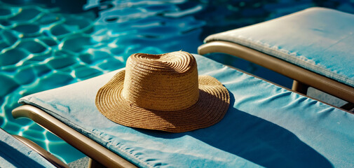 A straw hat sitting on top of a lounge chair next to a swimming pool
