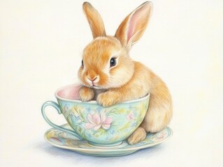 Cute Bunny Sitting in a Pastel Teacup with Floral Design, Adorable Animal Illustration Perfect for Spring Themes