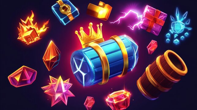 Cartoon vector ui game slot icon set with crown. Gift box, treasure chest, refresh button and lightning energy sign illustration isolated on background. Glowing diamond, bomb and barrel design