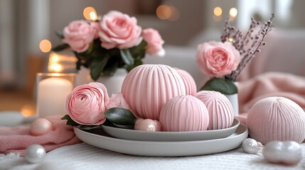 Pink Decorative Balls and Roses Festive Table Setting