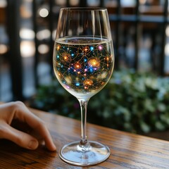 Obraz premium Unique Sparkling Glass Filled With a Cosmic Scene, Showcasing Colorful Stars and Galaxies in a Creative Display on a Wooden Table Near Plants