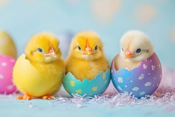 Fototapeta premium Three adorable baby chicks peek out of colorful eggs, embodying the spirit of spring and new beginnings in nature.