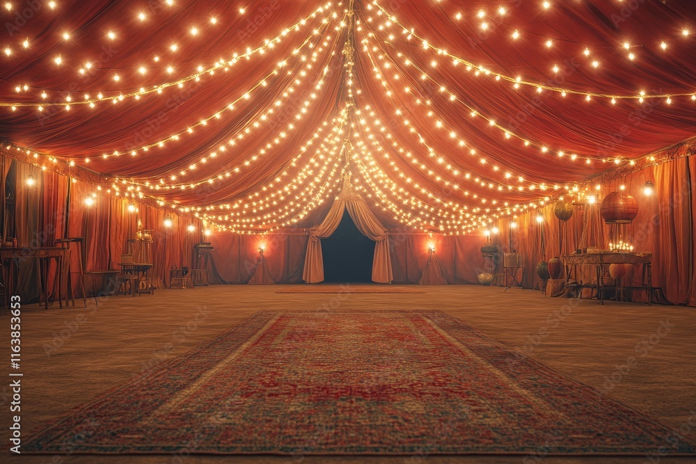 Poster empty circus tent with fairy lights and red carpet awaiting the show