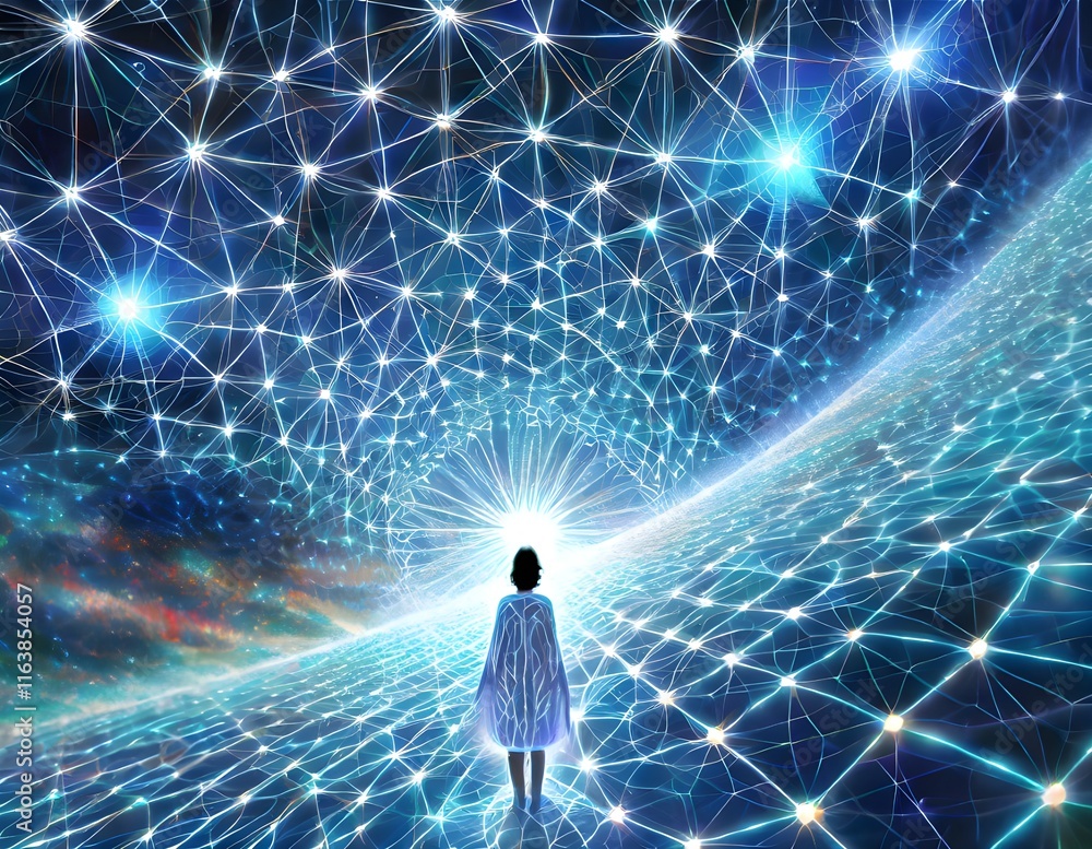 Wall mural a person stands in awe beneath a vast, glowing web of interconnected lines and nodes, evoking a sens