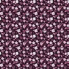 Seamless pattern with cherry blossom and tiny berries and leaves on dark background. Watercolor hand-drawn elements. Elegant and stylish design for fabric, home textile, wrapping paper