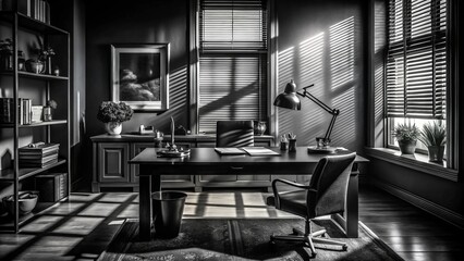 Abstract black and white surreal home office interior high resolution stock photo for creative projects