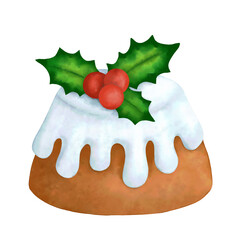 Traditional handmade epiphany cake with icing, holly leaves and berries. Hand drawn holiday waterolor clipart illustration on transporent background for greeting cards and invitations.