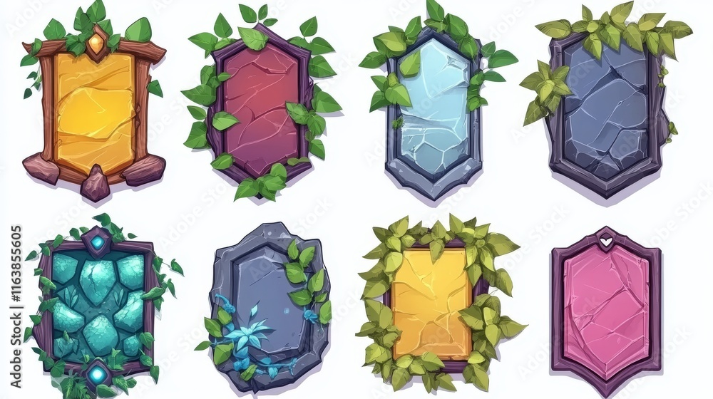 Aufkleber stone game menu boards with vines. tablets, buttons, cartoon interface plaques, frames and arrows of