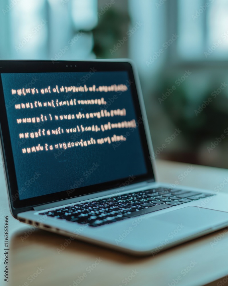 Poster close-up of a laptop with abstract code display on screen showcasing technology, digital concepts, a