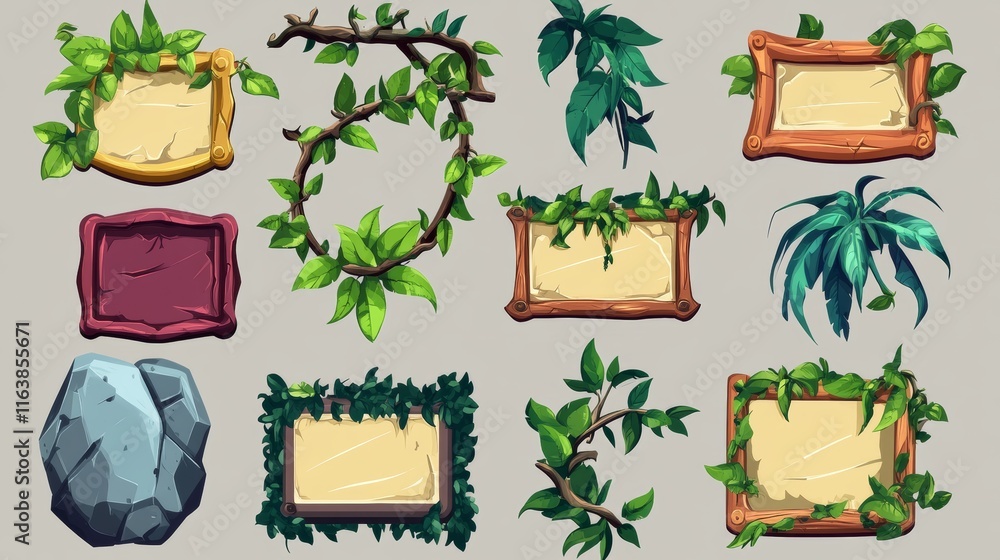 Aufkleber stone game menu boards with vines. tablets, buttons, cartoon interface plaques, frames and arrows of