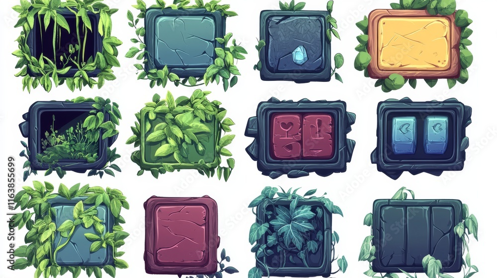 Aufkleber stone game menu boards with vines. tablets, buttons, cartoon interface plaques, frames and arrows of