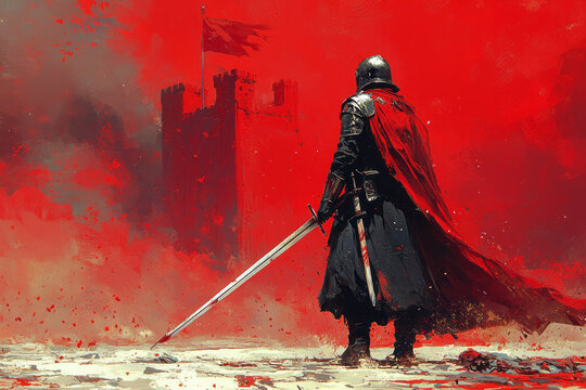 A hussar unsheathing his sword, poised for action,