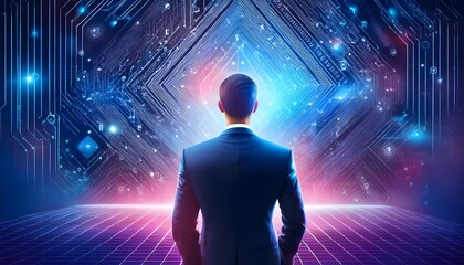 A person in a suit stands in front of a glowing, digital landscape with circuit-like patterns. The futuristic scene is illuminated by vibrant blue and pink lights
