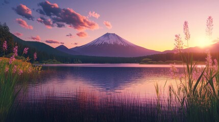 Majestic View of Mount Fuji at Sunset Reflected on a Still Lake Surrounded by Blooming Flowers and Lush Greenery