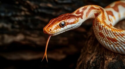 Obraz premium Captivating Close-Up of a Colorful Snake with Striking Patterns and Flicking Tongue, Showcasing the Intricacies of Nature and Beauty in Serpents