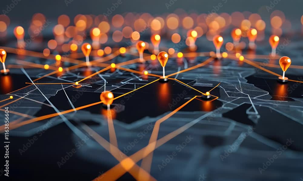 Poster a digital map featuring interconnected location pins, symbolizing global network connectivity and ge
