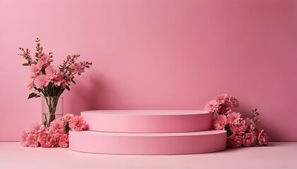 pink flowers in a vase with round podium with empty space