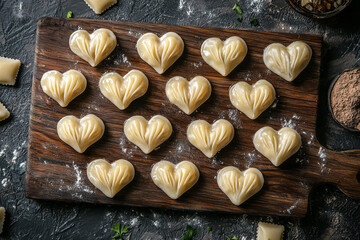 Heart-shaped dumplings neatly arranged on a wooden board,