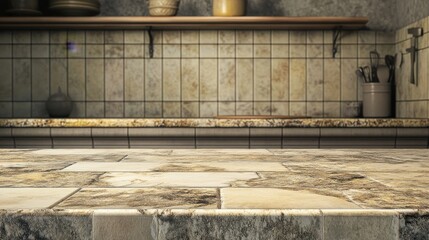 White marble countertop and tile wall. Empty bathroom shelf, kitchen table top with stone texture and mosaic backsplash on backdrop, vector realistic illustration