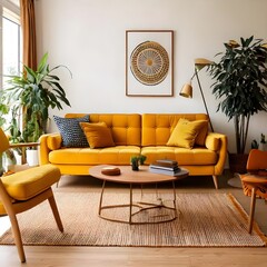 A cozy living room features a vibrant yellow sofa surrounded by lush green plants. Natural light pours in from a large window, highlighting the warm tones of the wooden furniture and soft rug. 