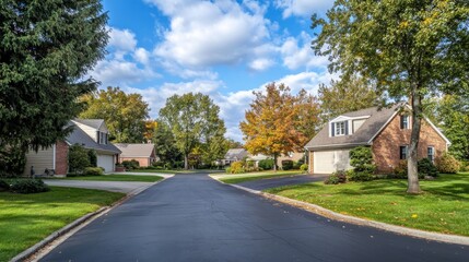 Naklejka premium Suburb houses, suburban street with residential cottages, countryside two storey buildings with garages. Home facades with green trees and asphalt road in front of yards. Cartoon vector illustration