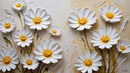 Vibrant White Chamomile Flowers with Delicate Petals and Bright Yellow Centers, Creating a Soft, Peaceful Scene in a Sunlit Meadow, Perfectly Capturing the Essence of Spring