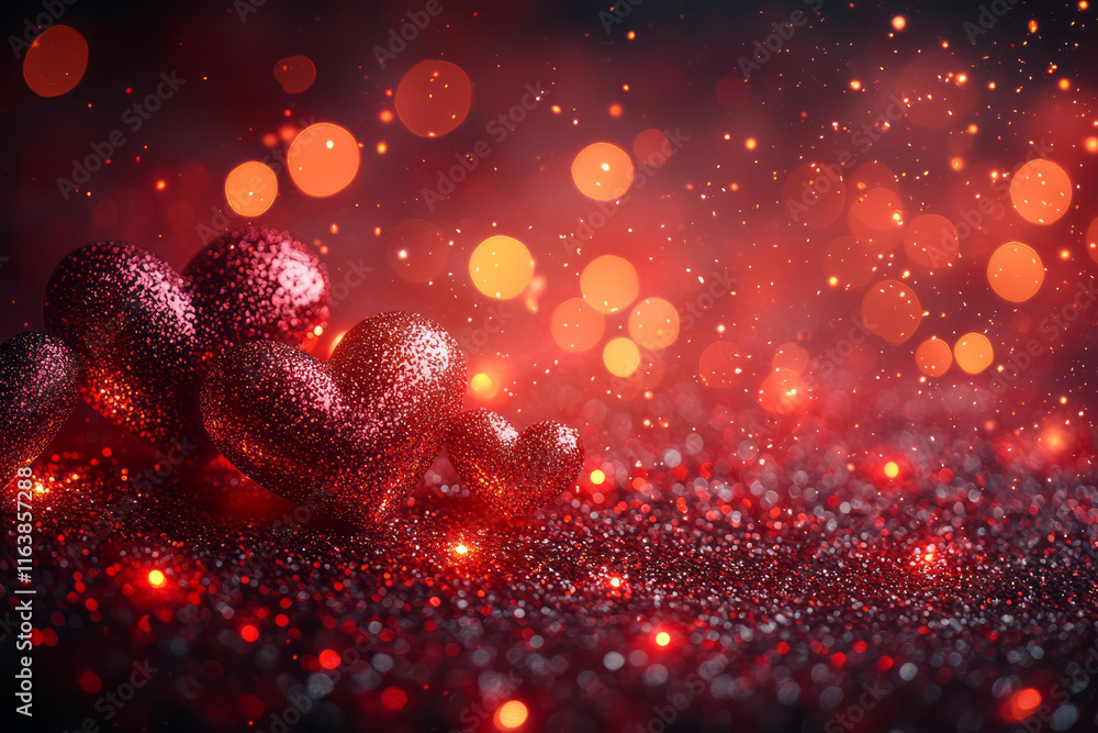 Poster a vibrant red background with soft glowing heart outlines scattered subtly across the surface,