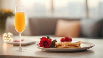 Delicious pancakes with strawberries and rose, paired with mimosa.