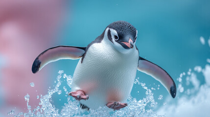 Naklejka premium A dancing Adelie penguin lifting one foot mid-air,