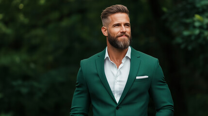 confident man in green suit stands outdoors, exuding charm and style. His well groomed beard complements his sophisticated look.