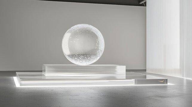 Clear Acrylic Orb Installation Showcasing Microprocessing in Minimalist Studio