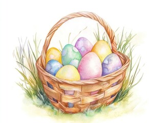 Watercolor Easter Basket Filled with Pastel Eggs Surrounded by Green Grass in a Lovely Spring Setting