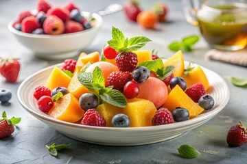 Fresh summer fruit salad arrangement for modern culinary still life photography