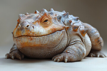 Fototapeta premium A mischievous ankylosaurus rolling on its back, pretending to smile,