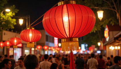 Naklejka premium Festive red lanterns glowing at vibrant night market, celebration ambiance
