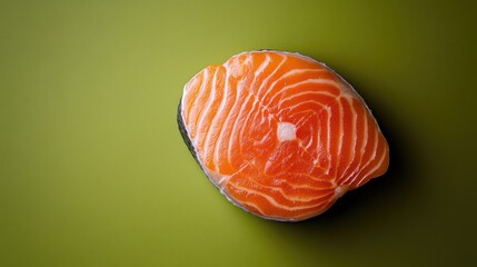 Fresh Salmon Slice on Green Background with Vibrant Colors