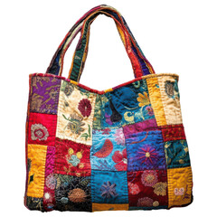Colorful Patchwork Bag for Everyday Use on Transparent PNG background.