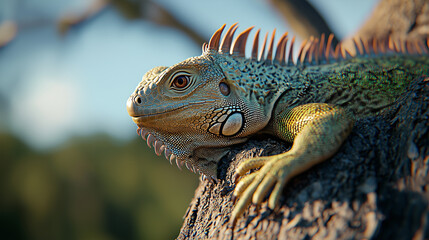 Obraz premium Close-Up of a Green Iguana Resting on a Tree Trunk
