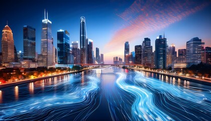 Obraz premium Futuristic Cityscape Illuminated River Modern Buildings Night Lights