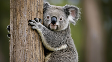 Obraz premium Close-Up of a Koala Clinging to a Tree in an Eucalyptus Forest