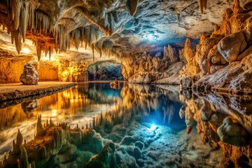 Fototapeta premium Limestone cave reflection in duotone style for nature and travel design projects