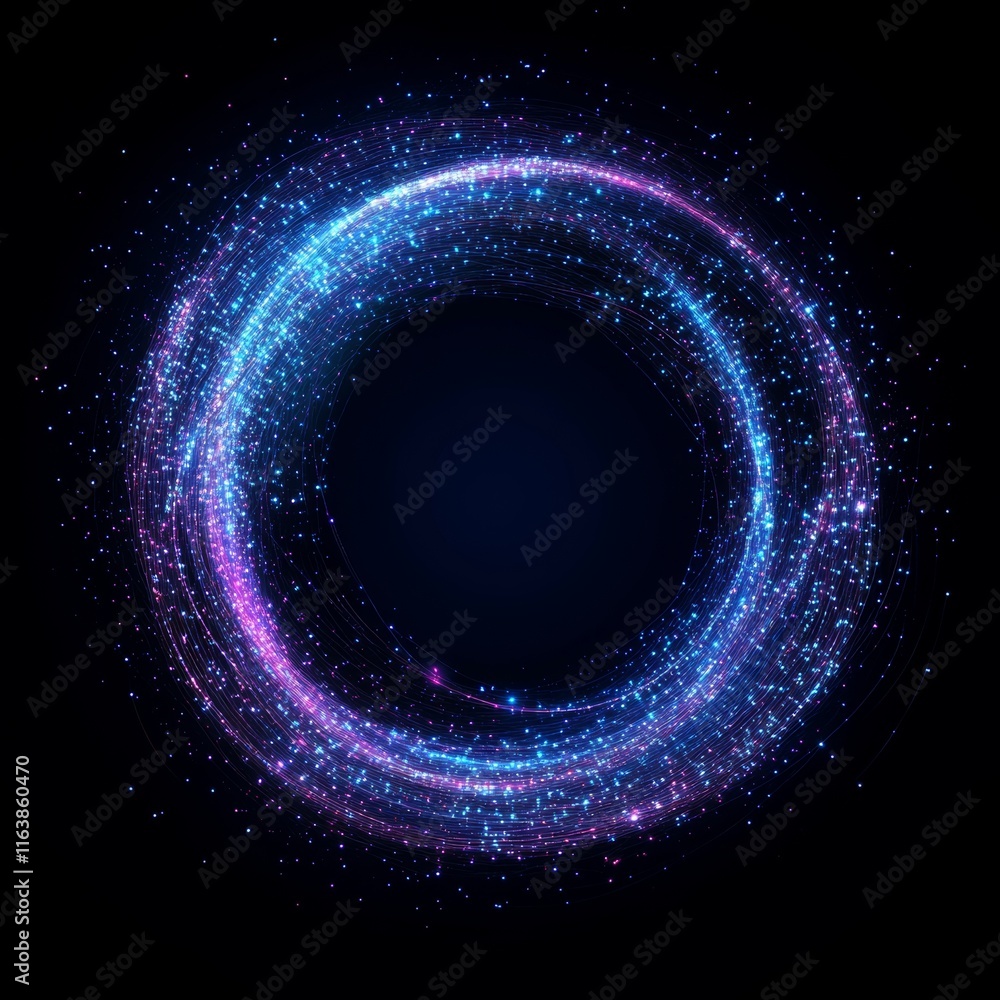 Poster colorful swirling cosmic light in a circular pattern with sparkling particles against a dark backgro