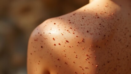 Fototapeta premium A detailed image of freckled shoulders, showing clusters of small freckles in various shades of brown.