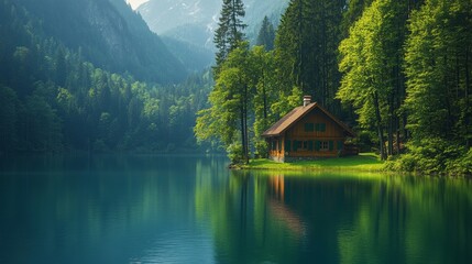 Fototapeta premium Calm Waters Reflect a Serene Wooden Cabin Surrounded by Lush Trees and Mountains in a Peaceful Nature Setting During Daytime