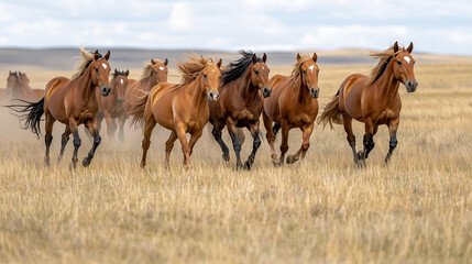 Fototapeta premium Herd of Wild Horses Galloping Across a Vast Prairie