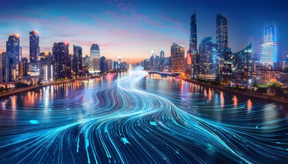 Obraz premium Futuristic Cityscape Data Streams Flowing Through River at Night