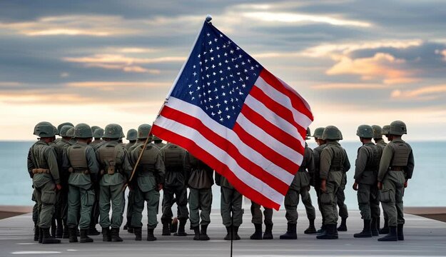 Soldiers gathered together with the U.S. flag, symbolizing patriotism, unity, and dedication
